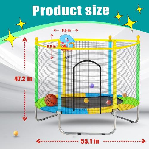 Juoe 55 Trampoline for Kids with Enclosure,Up to 440 Ibs Toddler Mini Trampoline with Net and Basketball Hoop,Indoor/Outdoor Toddler Trampoline for Kids,Gifts for Boys & Girls