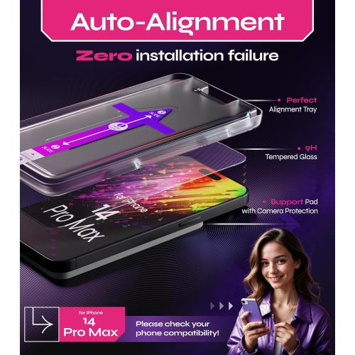 Defenslim Screen Protector for iPhone 14 Pro Max (2Pack), Easy Auto-Align Install Kit, 6.7 Tempered Glass, 9H Hardness, Ultra HD Clear, Case Friendly, EasyShield