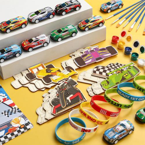 Race Car Party Favors for Kid, Racecar Wodden Painting Crafts Kit Mini Pull Back Cars Silicone Bracelets Boy Birthday Goodie Bag Stuffer Filler Class Prize Racing Birthday Party Supplies Decor