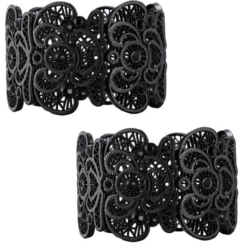 2 Pieces Black Bracelet for Women Gothic Vintage Filigree Jewelry Ladies Cuff Bracelets Bohemian Lace Bracelet Lace Cuff Bangle Wide Stretch Rhinestone Statement