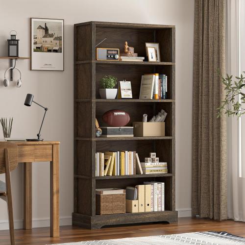 65 Rustic Brown TVU 5-Shelf Wood Bookcase, 65 Inch Tall Bookshelf with Storage, Floor Standing Display Book Shelf, for Living Room Bedroom Study Office, Rustic Brown