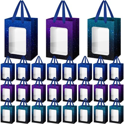 24 Pcs Space Party Favor Bags for Kids, Galaxy Birthday Goodie Bags with Window Treat Candy Bag for Space Stars Themed Birthday Decorations Supplies (Starry Sky)