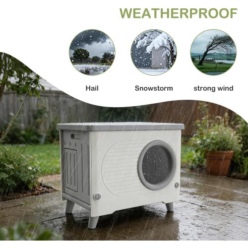 Weatherproof Cat Houses for Outdoor Cats with Escape Door,Door Flap,Grey | Made of Heavy-duty HDPE Plastic, Elevated Stackable, Insulated Feral Cat Shelter, All-season Use, Ideal for Yard, Porch Barn