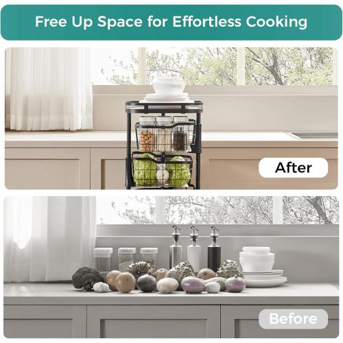 4 Tier Kitchen Fruit Vegetable Storage Cart with One-Piece Rotating Basket, Pantry Organizer Shelf Rack Floor Stand for Veggie Onion Potato Produce Spice, Rolling Snack Cart on Wheels, Black