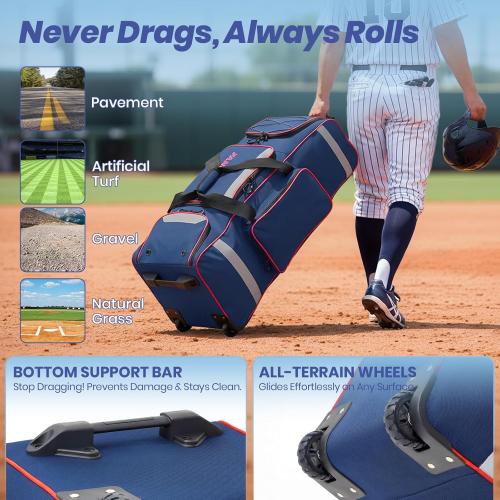 Fanwoli Rolling Baseball Bag with Wheels, Large Softball Catchers Gear Bags for 4 Bats (Fits Up To 32), Separate Shoe Compartment, Safety Reflective Strip, Fence Hook, Portable Bag for Youth & Adult