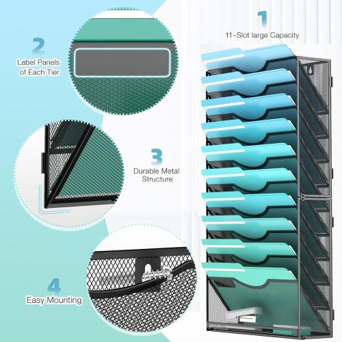 11-Tier Wall File Organizer Hanging Wall File Holder Wall Mount Paper Folder Organize, Mesh Magazine Document Mail Organizer Wall Organizer for Office School Home, Black