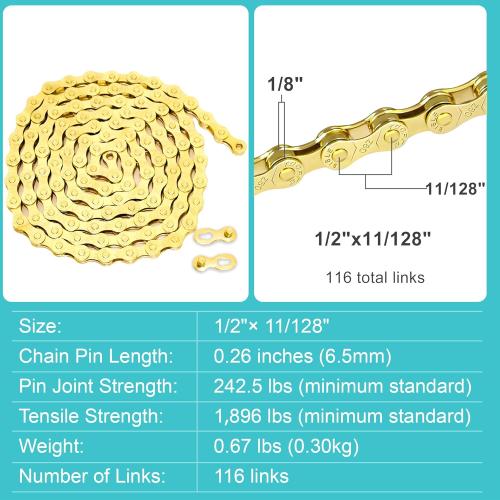 6/7/8 Speed Bike Chain, Bicycle Mountain Bike Chain High-Strength, Durable & Smooth-Shifting for Road Mountain Racing Cycling E-Bike MTB BMX (Gold 6/7/8 Speed)