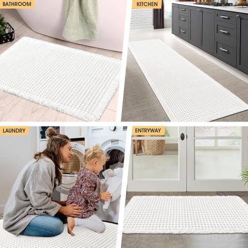 IM HOME Waffle Bath Mat Set 3 Piece White,Woven Modern Bath Rug Mats, Absorbent Non Slip Bath Floor Mat, Soft Washable Boho Bath Rugs with Tassels for Bathroom, Bedroom, Kitchen,Tub