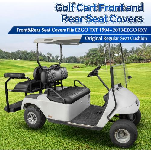 NOKINS 4PCS Golf Cart ET Diamond Seat Covers Kit,Front and Rear Seat Covers for EZGO TXT 1994-2013 Original Regular Seat Cushion, No Stapler, Golf Cart Vinyl Replacement Seat Cover,Black Stitching