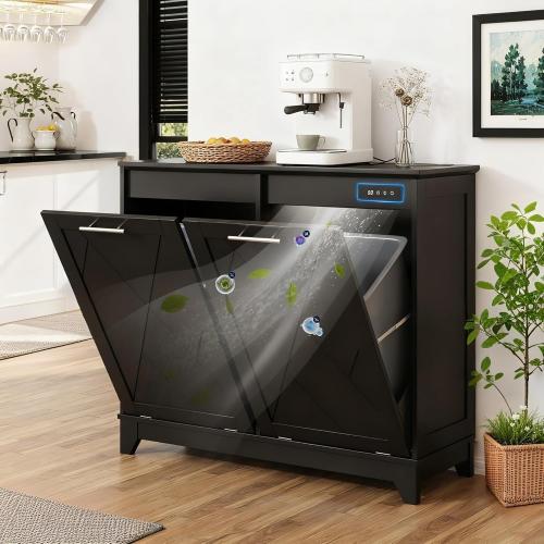 Color Black Double Tilt Out Trash Can Cabinet, 10 * 2 Gallon Garbage Trash Bin with Negative Ion and Deodorizing Function, Dog-Proof Storage Cabinet for Hidden Bathroom Laundry Hamper, Black