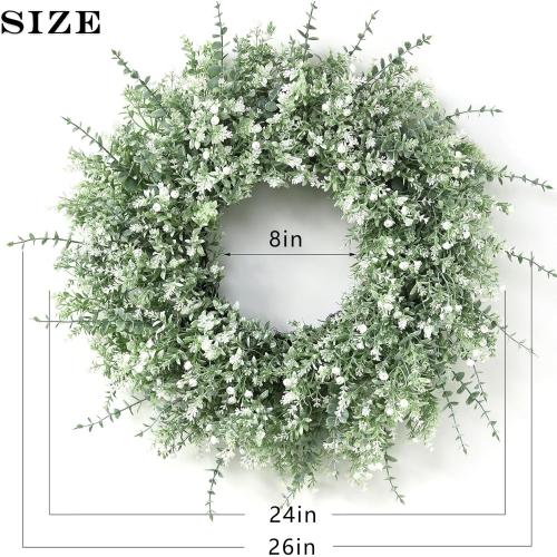 26'' Large Eucalyptus Wreath for Front Door, Porch- Artificial Eucalyptus and Lavender with Babys Breath Flowers Wreath for Home, Farmhouse Wall Decor- Spring, Summer, Fall, All Seasons (White-Green)