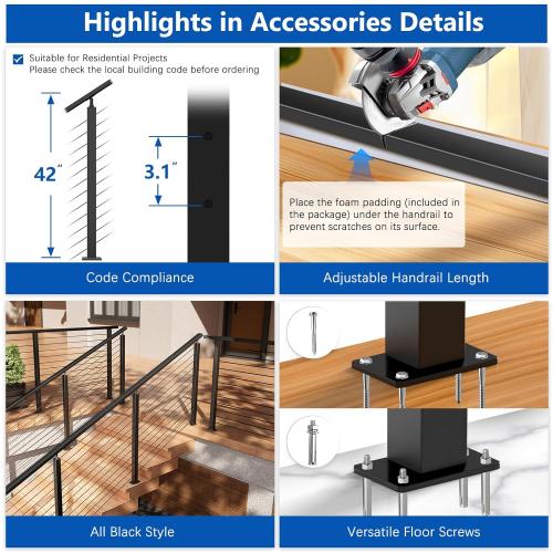 Size 2ft-4ft Color Black Complete Set 33° Drilled Cable Railing System 42 with Handrail Adjustable, T304 Stainless Steel Black Angle Cable Railing Posts Kit with 1/8 Cable Railing Hardware for 25-35° Step