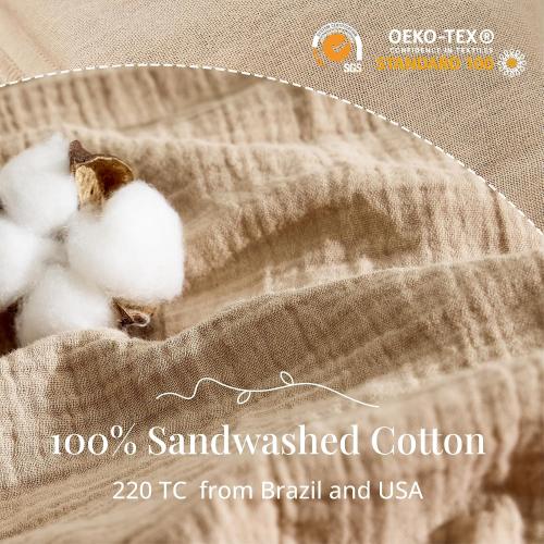 100% Sandwashed Cotton Duvet Cover Queen Size, Soft Queen Duvet Cover Set 3 Pieces with Zipper Clousre & Corner Buttons (Linen, Queen 90 x 90)