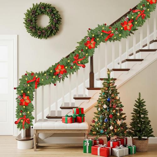 Christmas Garland with Lights, 9FT 30 LED Prelit Christmas Garland with Pinecones, Flowers, Bows, Outdoor Indoor Christmas Decorations Garland Battery Operated with Timer for Stairs,Mantel,Door,Window