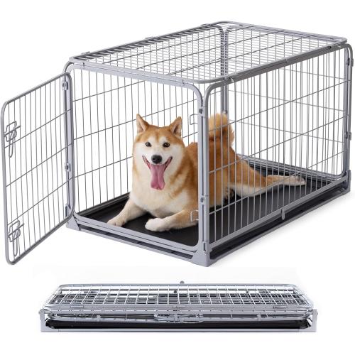 ZOMISIA Collapsible Dog Crate for Medium Dogs - 36 inch Escape Proof Metal Dog Kennel with Double Door, Easy Assembly Foldable Dog Cage with Removable Tray, Indoor Outdoor Use, Silver Gray