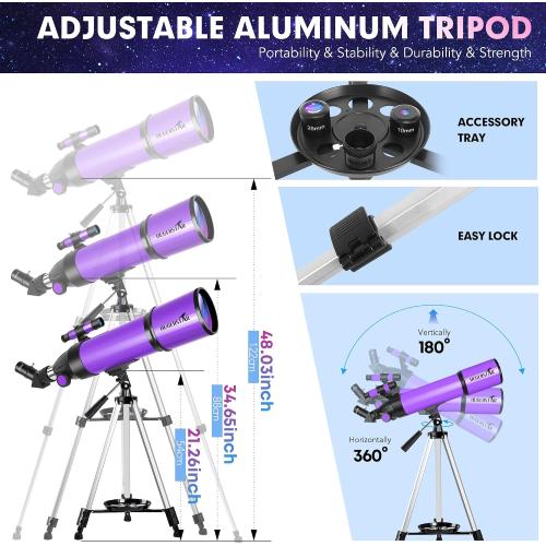 Telescope, Telescope for Adults & Kids & Astronomy Beginners, 80mm Aperture 600mm Portable Refractor Telescopes Fully Multi-Coated Optics with AZ Mount Tripod, Phone Adapter and Moon Filter‼️some accessories maybe missing‼️