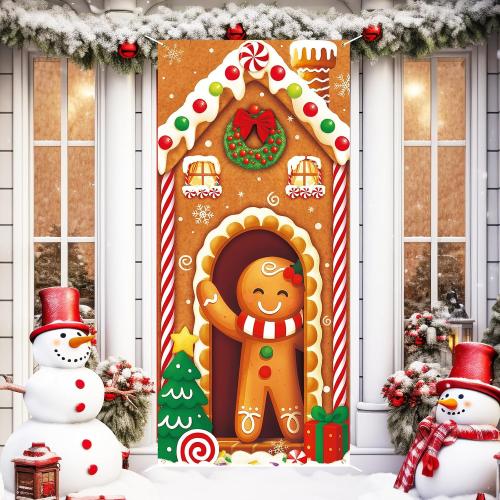 HunnmingRe Christmas Door Cover Decoration Oxford Gingerbread Front Door Banner 79 x 35 in with Rope and Hooks Gingerbread Man Backdrop Xmas Hanging Cover Photography Background for Holiday Decor