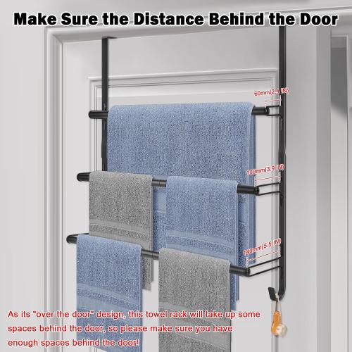Livabber 3-Tier Over The Door Towel Rack, All Metal Towel Rack with Hooks for Door Hanging, Behind Door Towel Bar Towel Storage Holder for Bathroom Accessories, Black (22.8 L x 5.9 W x 24.4 H)