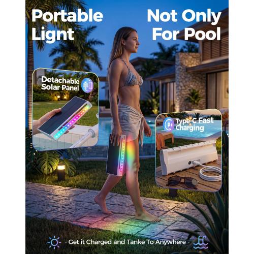 Solar Pool Fountain with Lights, Dual-Head Adjustable Spray & Timer, Remote Control, Auto Dusk Sensor, 10-Color LED Modes & 15°F Cooling Spray for Above & Inground Pools
