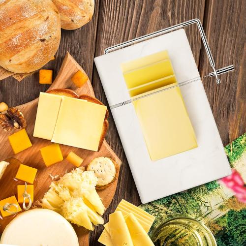 TOPULORS Cheese Slicer with 5 Replacement Upgrade Thick Cutting Wires - Heavy Duty 5x8 Handheld Marble Board Cutter for Block Cheese, Butter - Kitchen Gadget Slicers Tool - White