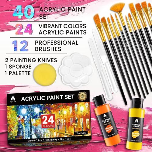 40 Pcs Acrylic Paint Set - 24 Colors (2oz/60ml) with 12 Brushes, 2 Knives & Palette - Rich Pigments for Adult, Artists & Beginners - Painting on Halloween Pumpkin Canvas Ceramic Rock Wood