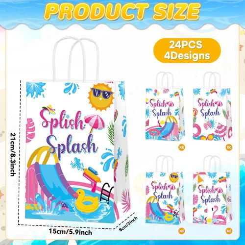 24Pcs Splish Splash Party Paper Bags Splish Splash Birthday Decorations Water Slide Kraft Gift Bags with Handles Pool Birthday Paper Candy Treat Bag for Kids Swimming Bash Hawaiian Luau Party Supplies