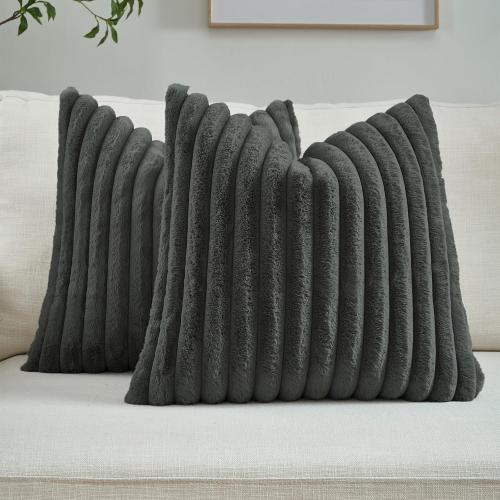 FUTEI Dark Grey Throw Pillow Covers Set of 2, 18x18 Inch Soft Faux Rabbit Fur Striped Texture Cushion Cases, Modern Decorative Couch Pillows for Living Room Bed