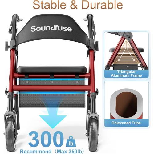 SOUNDFUSE Rollator Walkers for Seniors with Seat, Foldable Lightweight Rolling Walker with 8 Big PU Wheels, Ergonomic Seat, Dual Height Adjustment