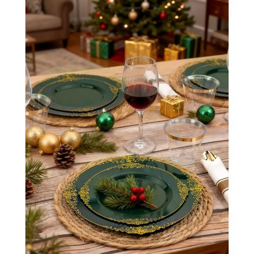 Nervure 175PCS Green Plastic Plates - Disposable Green Gold Party Plates & Pre Rolled Napkins with Cutlery for 25 Guests, 50Plates, 75Silverware, 25Cups, 25Napkin for Wedding & Party