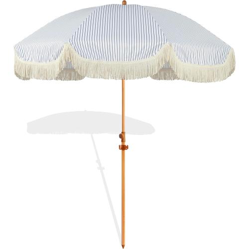 7.5ft Patio Umbrella with Fringe, Beach Umbrella, Fringe Umbrella Outdoor Patio with Hanging Hook, Tilting Aluminum Pole, UV 50 , Fiberglass Ribs, Blue White Stripe