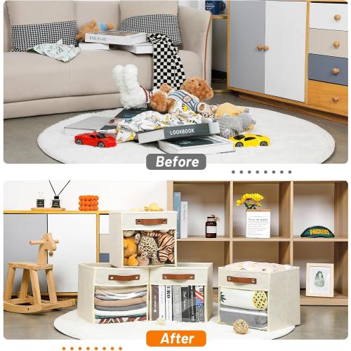 Cream and Brown HNZIGE 11 Inch Cube Storage Bin - Fabric Storage Organizer, Clear Canvas Collapsible Cubby for Home (Cream, 4 PCS)