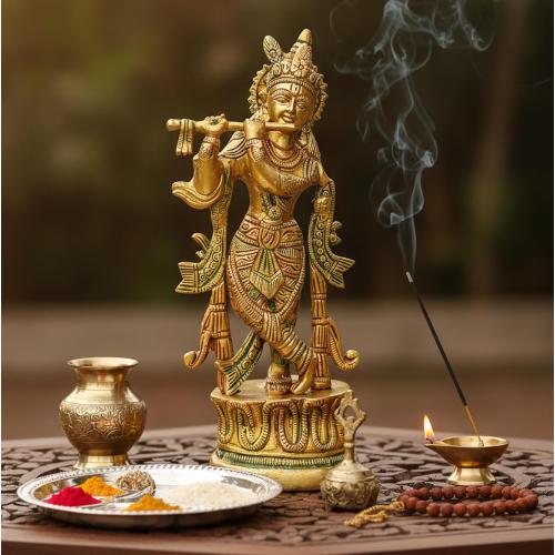 StonKraft Brass Krishna Kishan Kanha Murti Idol Statue Sculpture - 9 Inches