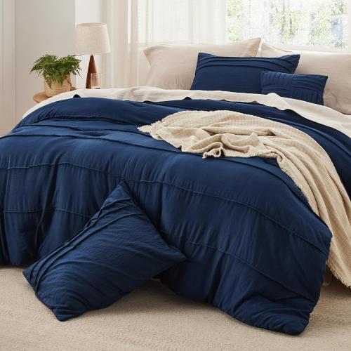 Bedsure Full Comforter Set - 4 Pieces Pinch Pleat Bed Set, Navy Blue Boho Bedding for All Season, 1 Soft Comforter, 2 Pillowcases, 1 Decorative Pillow