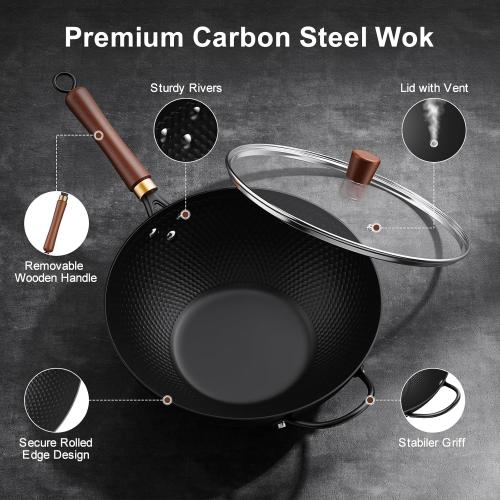 Nonstick Wok, 13-Inch Carbon Steel Wok Pan with Glass Cover, Woks & Stir-Fry Pans for Induction, Electric, Gas, Halogen, All Stoves