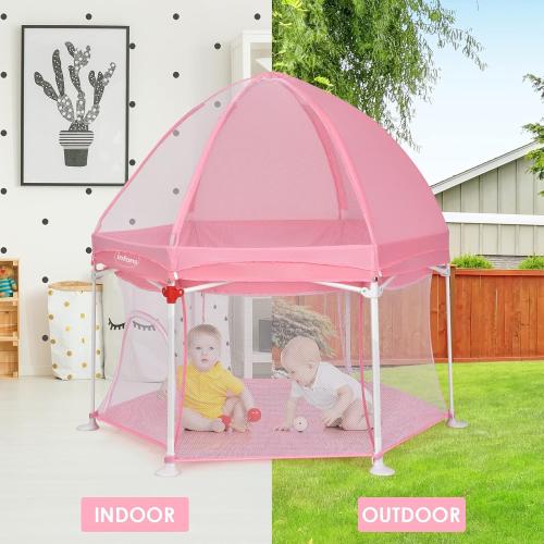 INFANS Baby Playpen with Removable Mesh & UV Canopy, 53 Portable Playhouse with Carry Bag, Dome, Padded Floor, Easy Folding Playard Activity Center (Light Pink)