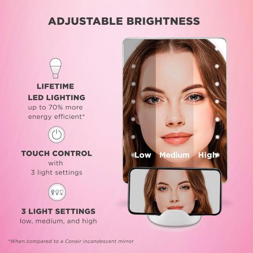 Conair Lighted Makeup Mirror, LED Vanity Mirror, 1X/10X Magnifying Mirror with Phone Holder, Battery Operated in Glossy White