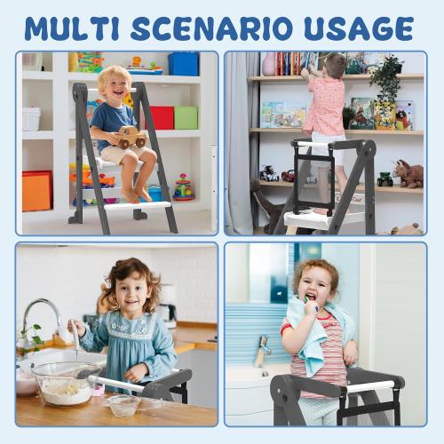 Foldable Toddler Tower, Toddler Kitchen Stool Helper with Safety Net, Wooden Kitchen Step Stool for Toddlers with Adjustable Height, Standing Tower for Learning and Cooking(Blue)