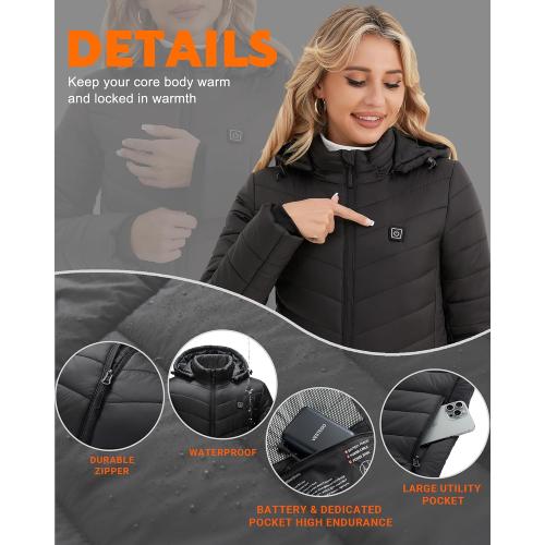 Vestego Heated Jackets for Women, Heated Jacket with 12V 20000mAh Battery Pack, 6 Heating Zones, Black Xl