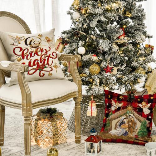 AVOIN colorlife Christmas O Holy Night Jesus Cardinal Buffalo Plaid Throw Pillow Covers, 18 x 18 Inch Christmas Saying Winter Holiday Cushion Case Decoration for Sofa Couch Set of 4