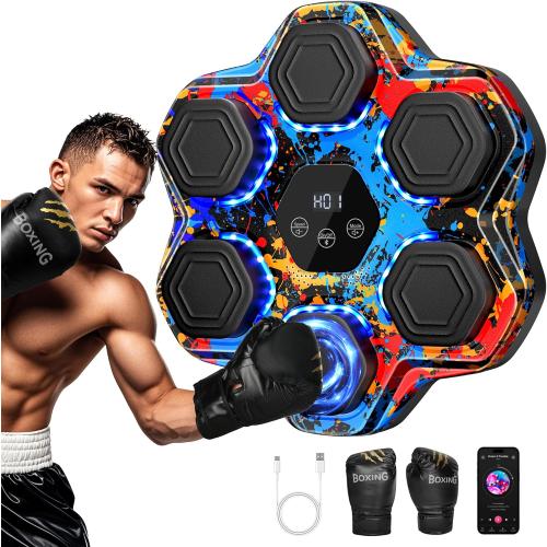 Music Boxing Machine, Smart Bluetooth Boxing Machine with Gloves, Wall Mounted Music Punching Trainer for Kids Adult, LED Electronic Boxing Workout Target with 9 Modes & 9 Speeds