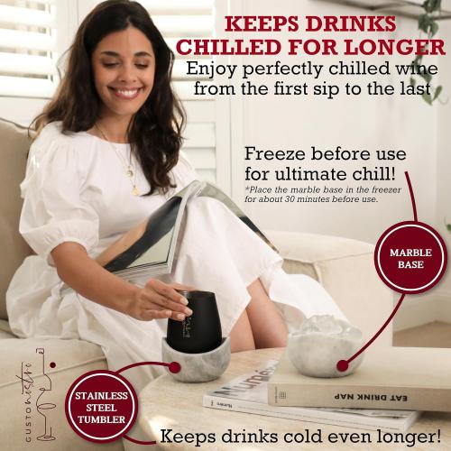 Gusto Nostro White Marble Wine Chiller for Glass and Stainless Steel Tumbler Set of 2 - Freezable Wine Glass Chiller Holder - Cool Set of Chillers and Stemless Metal Wine Tumblers for Home Bar (Black)