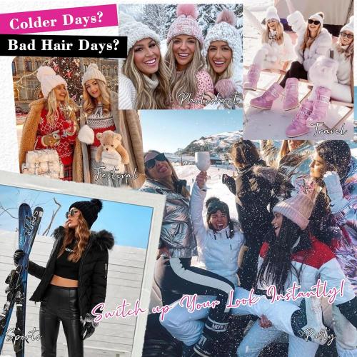 REECHO Warm Knitted Beanie Hat with 12 Beach Wavy Synthetic Hairpiece - Black Beanie, Black Brown Hair