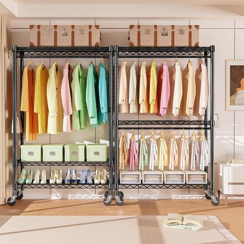 Size 17.7 D x 47.2 W x 83.6 H Color Black Heavy Duty Rolling Garment Rack 3 Tiers Adjustable Wire Shelving Clothes Rack with Rods and Side Hooks,Storage Closet Clothing Rack with Wheels Black 17.7 D x 47.2 W x 83.6 H