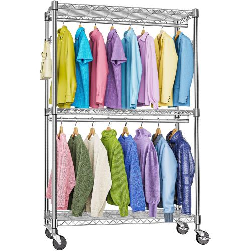 M MZG Heavy Duty Rolling Garment Rack 3 Tiers Adjustable Wire Shelving Clothes Rack with 2 Rods and Side Hooks,Storage Closet Clothing Rack with Wheels Chrome 15.7 D x 45.3 W x 79.6 H