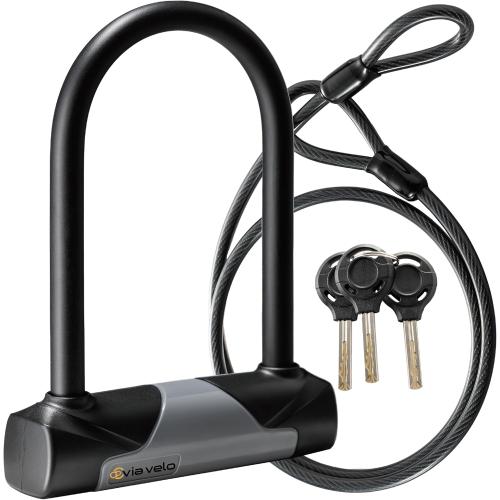 Grey and Black 4Ft Via Velo Bike U-Lock with Cable, Heavy Duty Anti-Theft Bicycle U Locks with 8mm Braided Steel and 3 Keys, 4ft Length Security Cable for Bike, Scooter Mountain Road Bike
