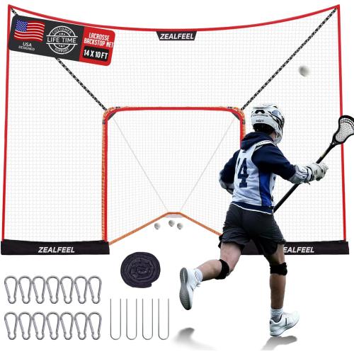 Lacrosse Backstop Net 14x10FT, Extra Large Coverage with 14mm Foam-Wrapped Fiberglass Pole for Shooting Training, 4-Strand Tear-Resistant Netting, Sandbag & Stakes(Lacrosse Goal NOT Included)