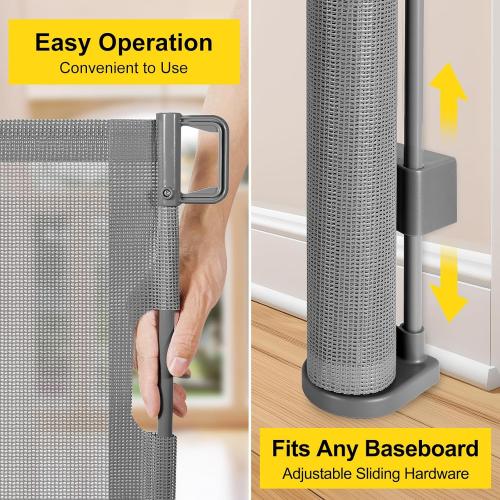 Reinforced 42” Extra Tall Pet Gate for Doorways, Extends up to 60” Wide, Extra Tall Retractable Baby Gates with Rods to Prevent Crawling Through Retractable Mesh Dog Gate Indoor Outdoor, Gray