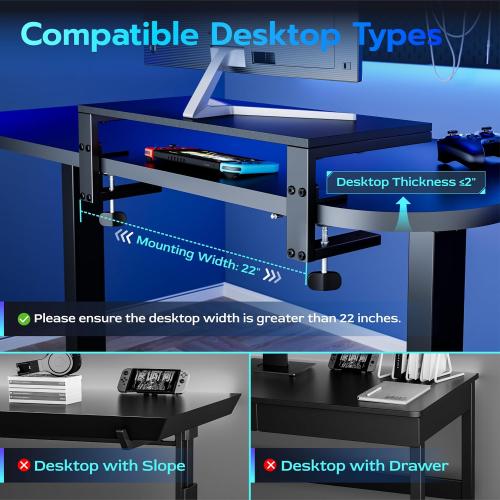 22 inches Desk Extender Shelf, 22x 9.8 Versatile Clamp on Desk Shelf, Heavy Duty Desktop Organizer for Gaming and Office Accessories, Black