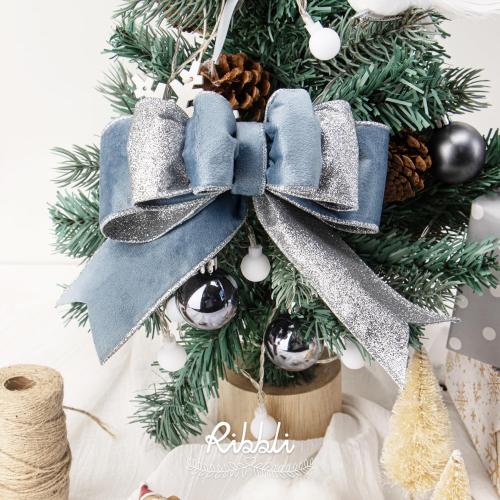 Ribbli Dusty Blue Velvet Wired Ribbon 2.5 Inch Dusty Blue Velvet with Silver Glitter Christmas Ribbon for Christmas Tree Decoration Big Bow Gift Wrapping Crafts Wreaths Supplies- 10 Yards