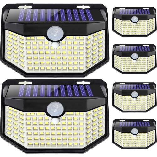 HMCITY 120 LED Outdoor Solar Lights with Motion Sensor and 3 Lighting Modes, IP65 Waterproof Wide Solar Wall Lights Ideal for Garden Patio Yard (Front Button 6Packs, Black Shell-Daylight White)